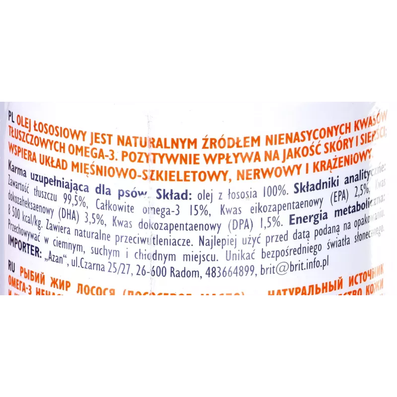 Toiteõli lemmikloomadele Brit Care BRIT 1000 ml — naha- ja karvkattelisand koertele ja kassidele, 1 L pudel