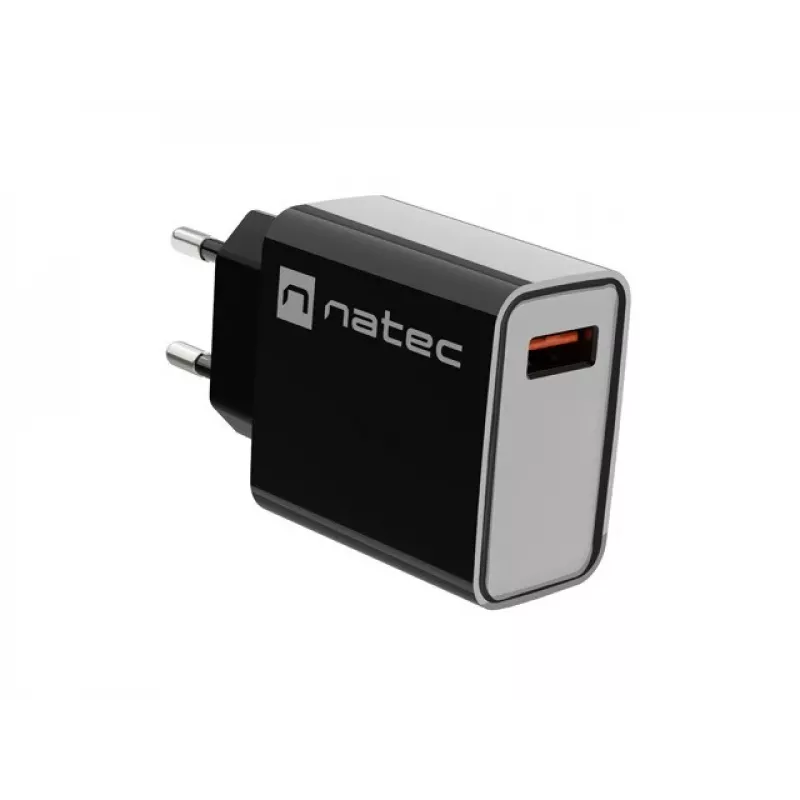 NATEC kiirlaadimisega sise-võrgulaadur Ribera — 18 W (5–15 V, kuni 3 A), 1× USB-A, Huawei FCP/SCP, must