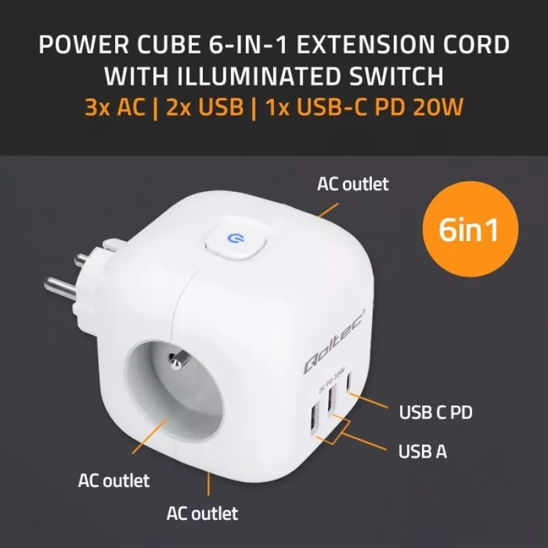 Pikendusjuhe QOLTEC 52548 3 vahelduvvoolupesaga ja USB-pordiga