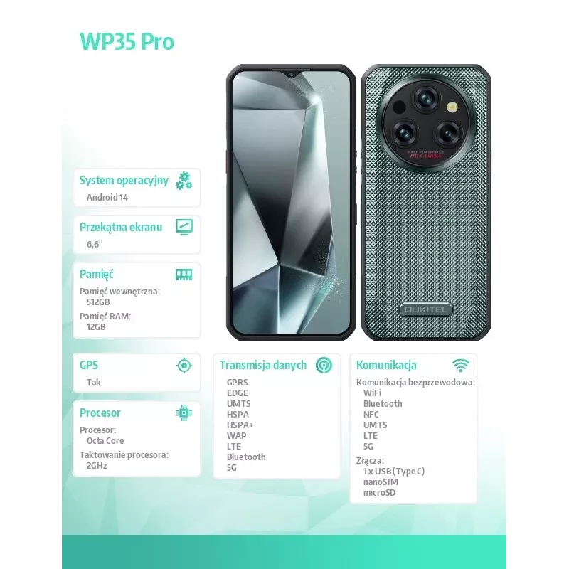 Nutitelefon Oukitel WP35 Pro 6,52 tolli 12 GB/512 GB roheline