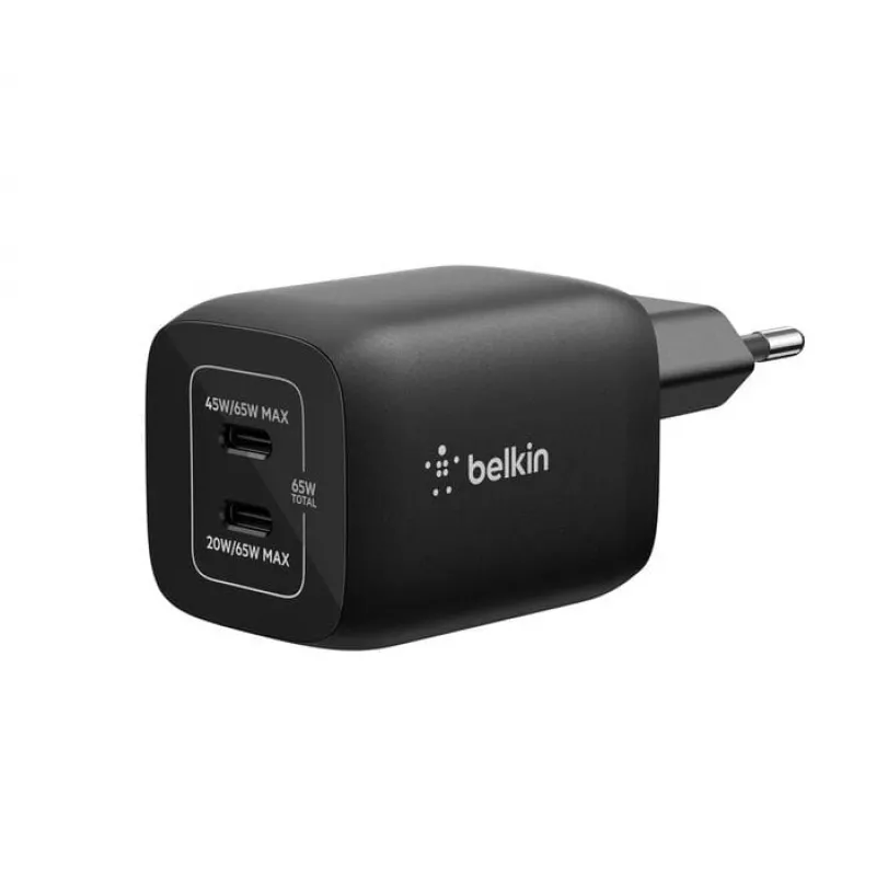 USB-C kaheportne laadija Belkin ENA007KQBK 65W — kahe USB-C PD laadimine sülearvutitele ja mobiilseadmetele