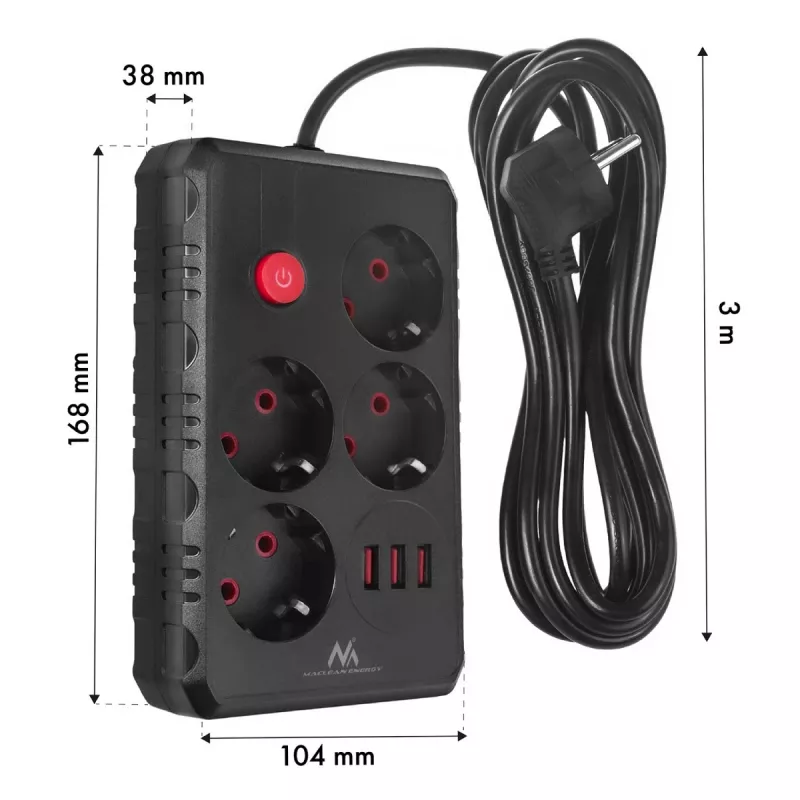 Pikenduspesa MACLEAN MCE393 B — 4 pistikupesa, 3×USB, 110–240 V, 2500 W, 3 m kaabel, must