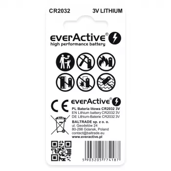 Liitiumist nööpelement everActive CR2032 — 3 V, 20 mm, 2 tk blisterpakendis