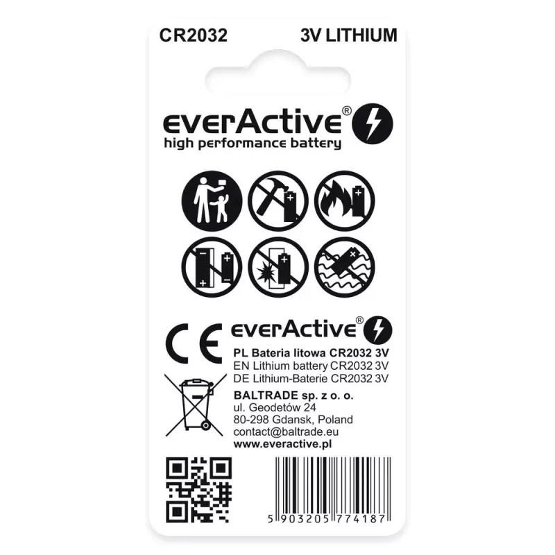 Liitiumist nööpelement everActive CR2032 — 3 V, 20 mm, 2 tk blisterpakendis