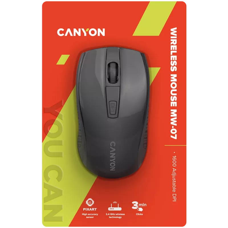 CANYON MW-7, 2,4 GHz juhtmevaba hiir, 6 nuppu, DPI 800/1200/1600, koos 1 AA patareiga, mõõdud 110*60*37 mm, 58 g, must