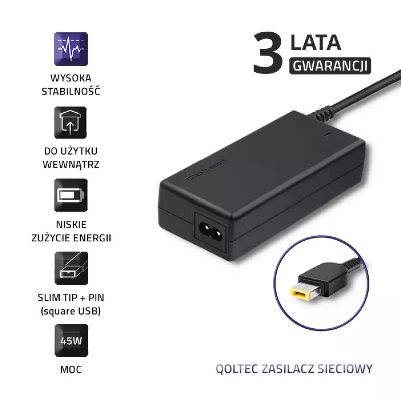 sülearvuti toiteadapter Qoltec Lenovo 45W 20V 2,25A Slimtip + pin 50098.45W