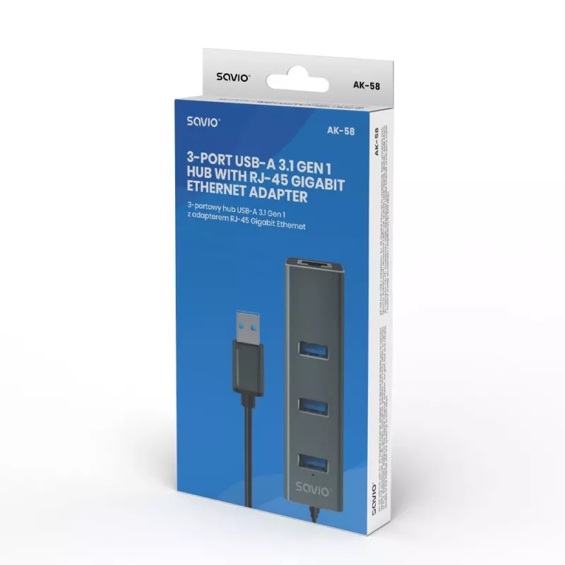 SAVIO USB-A jaotur RJ-45 Gigabit Ethernetiga AK-57 — 3× USB-A + RJ-45, USB 3.2 Gen 1 Micro‑B host, 5 Gbit/s, 4 porti, hall