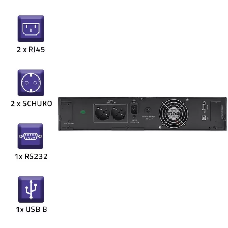 Qoltec 53945 RACK UPS 1kVA 800W võrgutoite katkematu toiteallikas (On-line, puhas siinuslaine, LCD, SNMP pesa)
