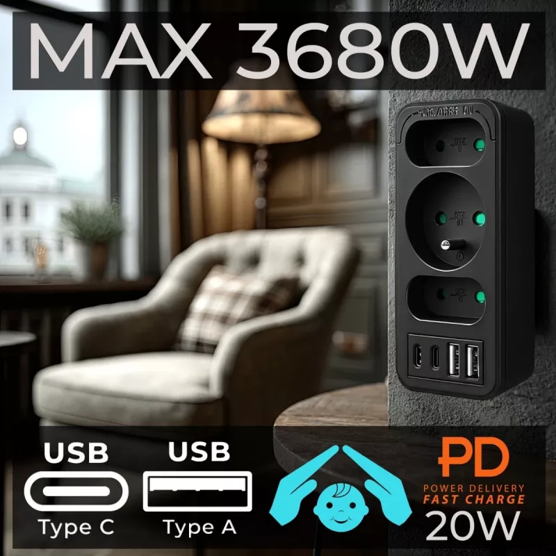 Toitejaotur MACLEAN MCE248 F/B — 3 vahelduvvoolu pesa (1x16A, 2x6A) ja 4 USB-porti (2xUSB‑A, 2xUSB‑C PD 20W), EL-pistik, must