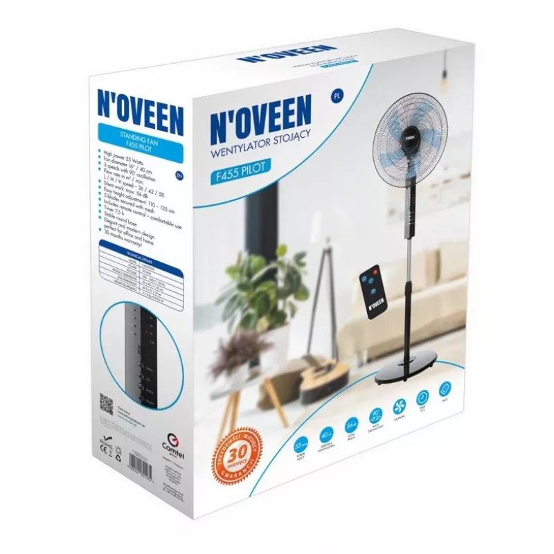 Püstventilaator NOVEEN F455 16 tolli (40 cm) puldiga, 3 kiirust, taimer, võnkumine, must