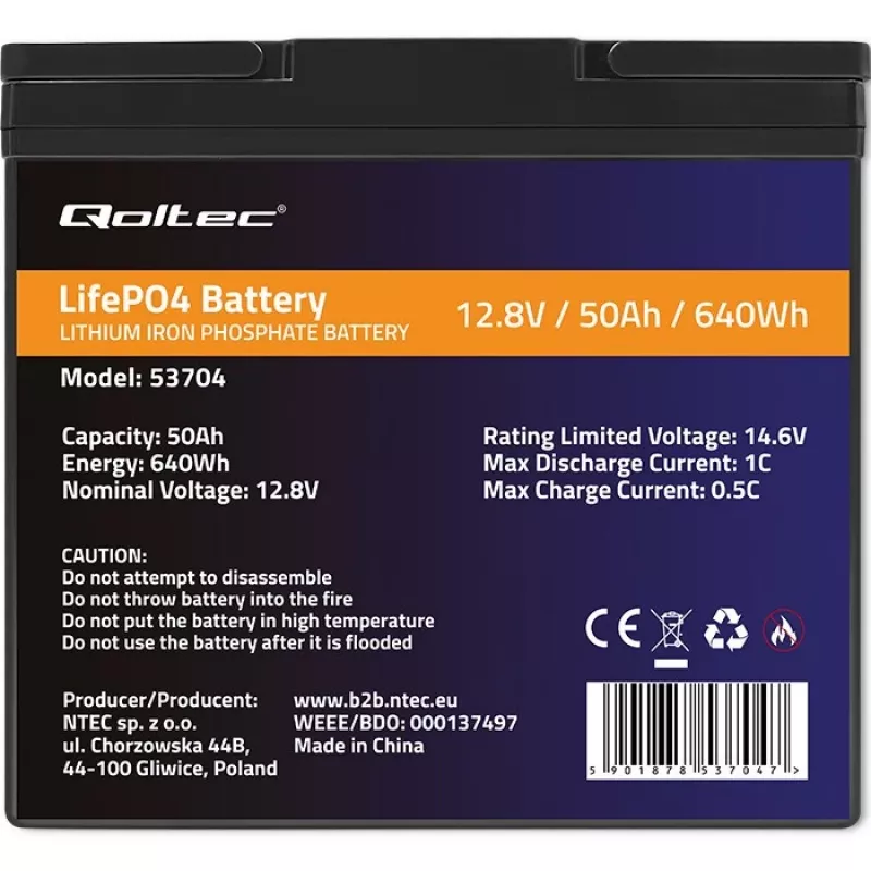 LiFePO4 aku QOLTEC 12,8 V 50 Ah (mudel 53704) varutoiteks ja energia salvestamiseks