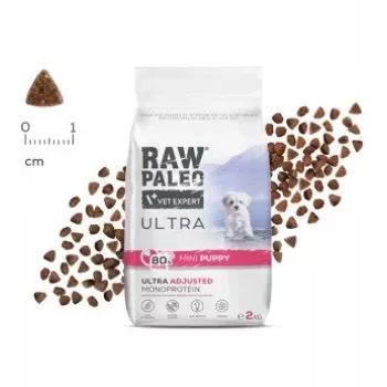 Kuiv koeratoit VETEXPERT RAW PALEO Ultra Mini Puppy Pork 2 kg — täisväärtuslik sööt kääbus- ja väikest tõugu kutsikatele, 33% valku, 19% rasva