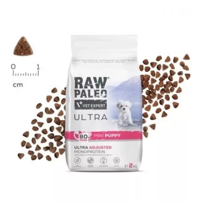 Kuiv koeratoit VETEXPERT RAW PALEO Ultra Mini Puppy Pork 2 kg — täisväärtuslik sööt kääbus- ja väikest tõugu kutsikatele, 33% valku, 19% rasva