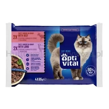 OptiVital saszetki - täisportsiooniline toit täiskasvanud kassidele. Lamba- ja veiselihaga 4x85g