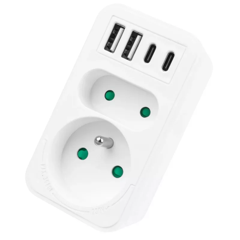 Jagaja MACLEAN MCE249 F/W — 2 voolupesa (16 A + 6 A) ja 4 USB-porti (2× A, 2× C PD 20 W)