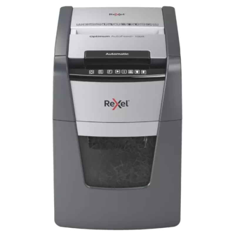 Paberipurustaja REXEL Optimum AutoFeed+ 100X — 100-leheline automaatne söötmine, 4 x 28 mm ristlõige, 34 L mahuti, alumiinium