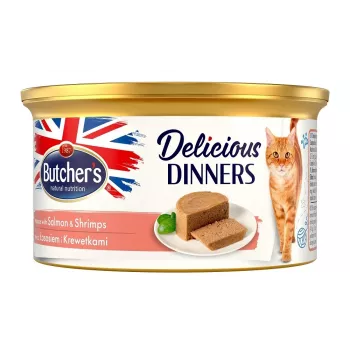 Märg kassitoit butcher's Mousse Delicious Dinners lõhe ja krevettidega 85 g, valk 9,5%, rasv 4%