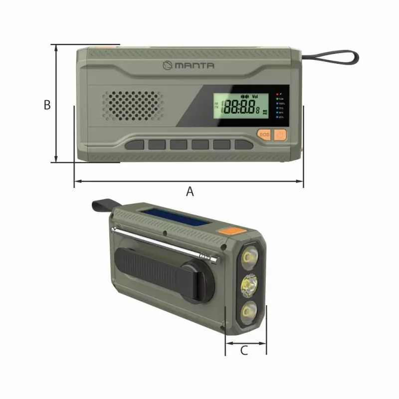 Kaasaskantav FM-raadio MANTA RDI401G päikesepaneeli, dünamovända, 4000–4500 mAh aku, 5 V USB väljundi, 3 W ja taskulambiga