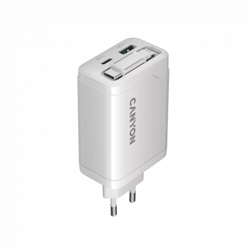 CANYON laadija OnCharge 65RC sisseehitatud USB-C kaabliga 65W, 1x PD, 1x QC, EL pistik, valge