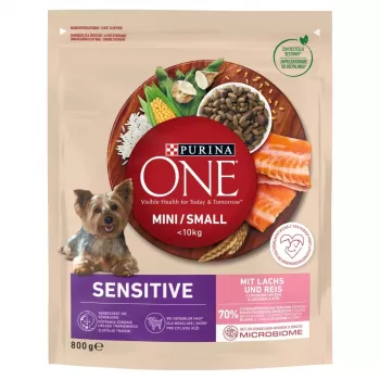 Kuiv koeratoit Purina Nestlé One Mini/Small Sensitive Salmon & Rice 800 g – väikest tõugu (5–10 kg), eakatele, 27% valku, 17% rasva