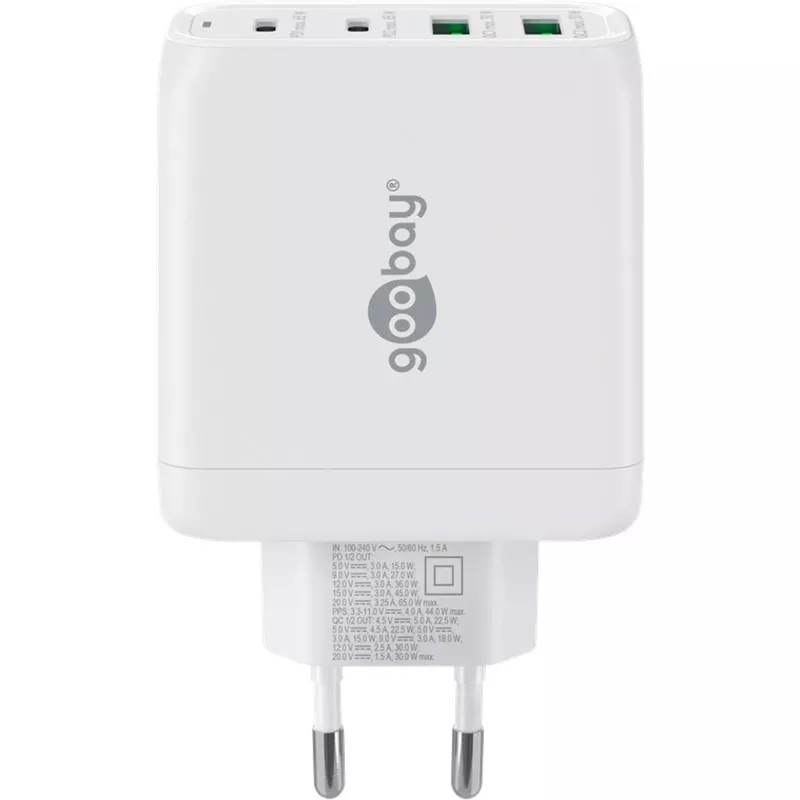 Goobay 64818 laadija mobiilseadmetele, kõrvaklappidele, sülearvutile, nutitelefonile, valge, vahelduvvool, kiirlaadimine, siseruumides (64818)