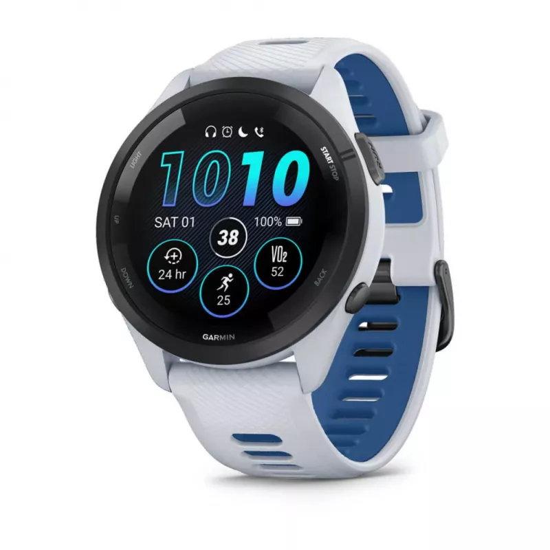 Nutikell GARMIN Forerunner 265 — 46 mm GFRP korpus, AMOLED 1.3 tolli, GPS/GLONASS/Galileo, 15-päevane aku, 5 ATM, silikoonist rihm