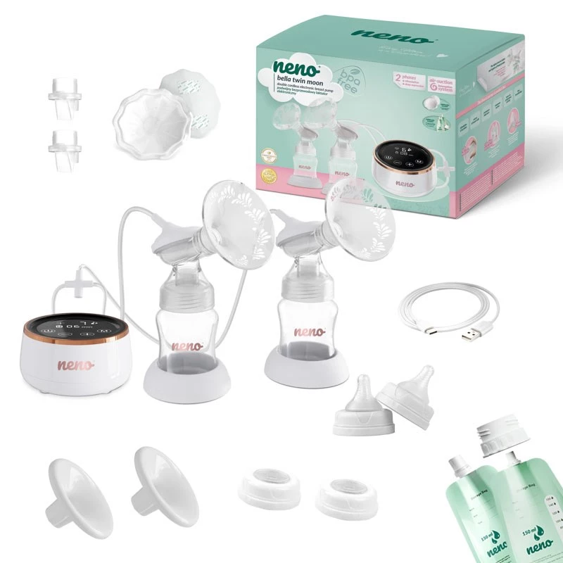 Elektriline topelt rinnapump neno Bella Twin Moon — juhtmevaba, kahefaasiline, LCD, 150 ml pudelid, pärl