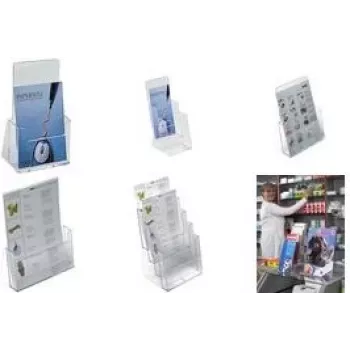 helit lauabrošüürihoidja, DIN A4 portree, 4 lahtriga, läbipaistev akrüül, mõõdud: (L)230 x (S)170 x (K)345 mm (H2352402)