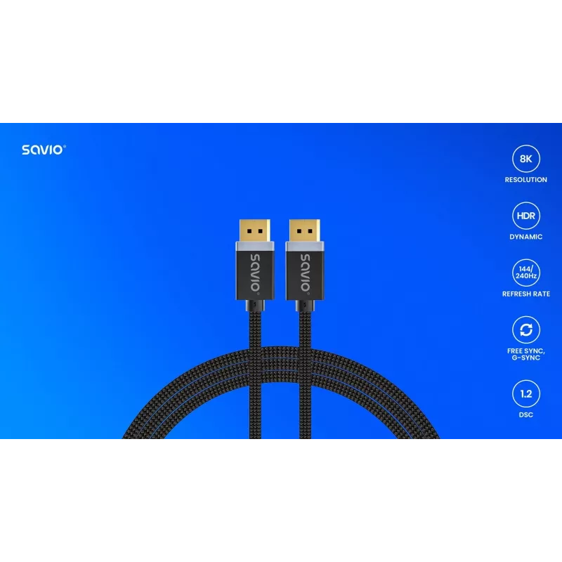 DisplayPort-kaabel SAVIO CL-166 2 m Must — DisplayPort 1.4, isane-isanele, kullatud kontaktidega