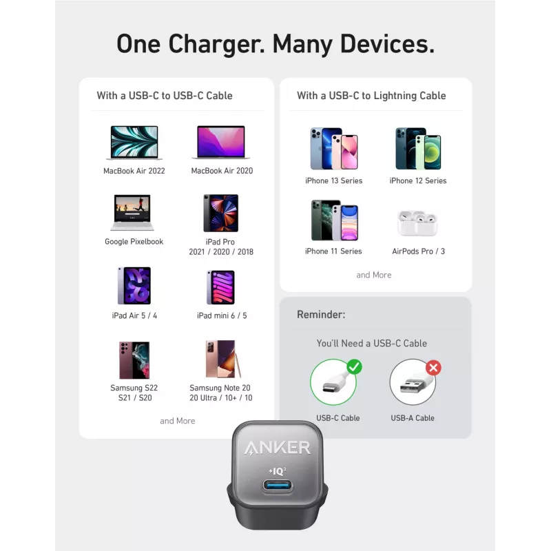 Sisemaine vahelduvvoolu laadija Anker 511 Nano 3 — 30 W, 1× USB-C, 100–240 V, must