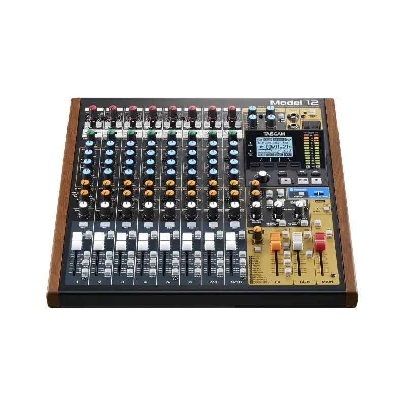 Mikser Tascam Model 12 — 12‑kanaliline analoog-/digitaalmikser, 24‑bitine, 48 kHz, USB‑C, SD-kaart, Bluetooth 5.0