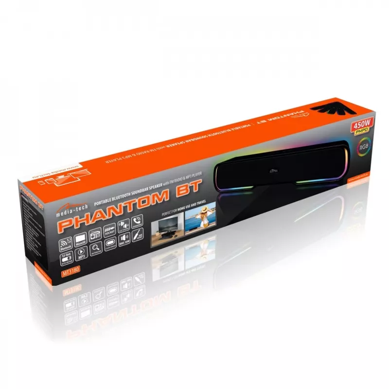 Kõlarid MEDIA‑TECH Phantom MT3180 kõlariba 450W RMS, 80W akutoitega, Bluetooth, juhtmega ja juhtmevaba, must