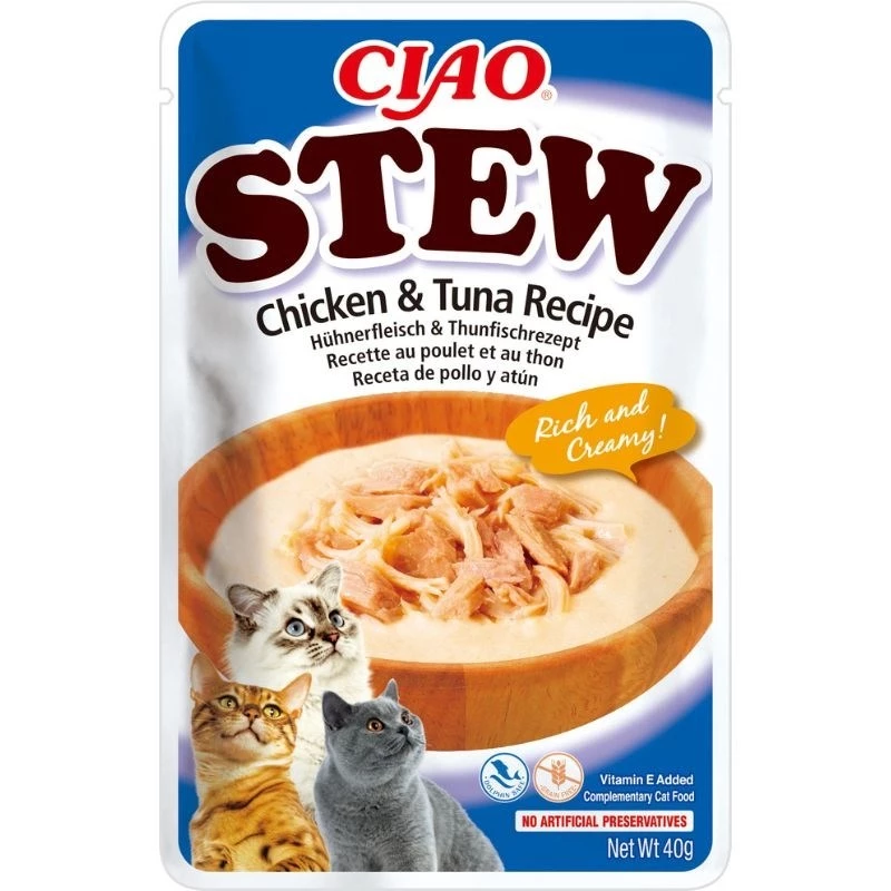 Märg kassimaius INABA Ciao Stew kana ja tuunikala 40 g kotike, lihane kotike, 86,5% niiskus