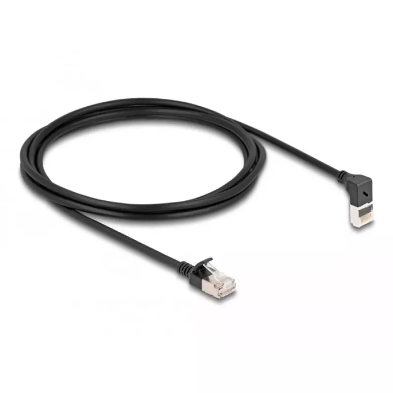 Delock - võrgukaabel - RJ-45 (M) ülespoole nurga all RJ-45 (M) sirgele - 2,0m - 4,5 mm - S/FTP - CAT 6a - varjestatud, halogeenivaba - must (80288)