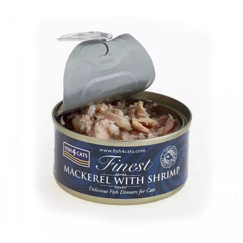 Märg kassitoit FISH4DOGS Makrell krevettidega 70 g — täiskasvanud, kalamaitseline, purk, gluteenivaba