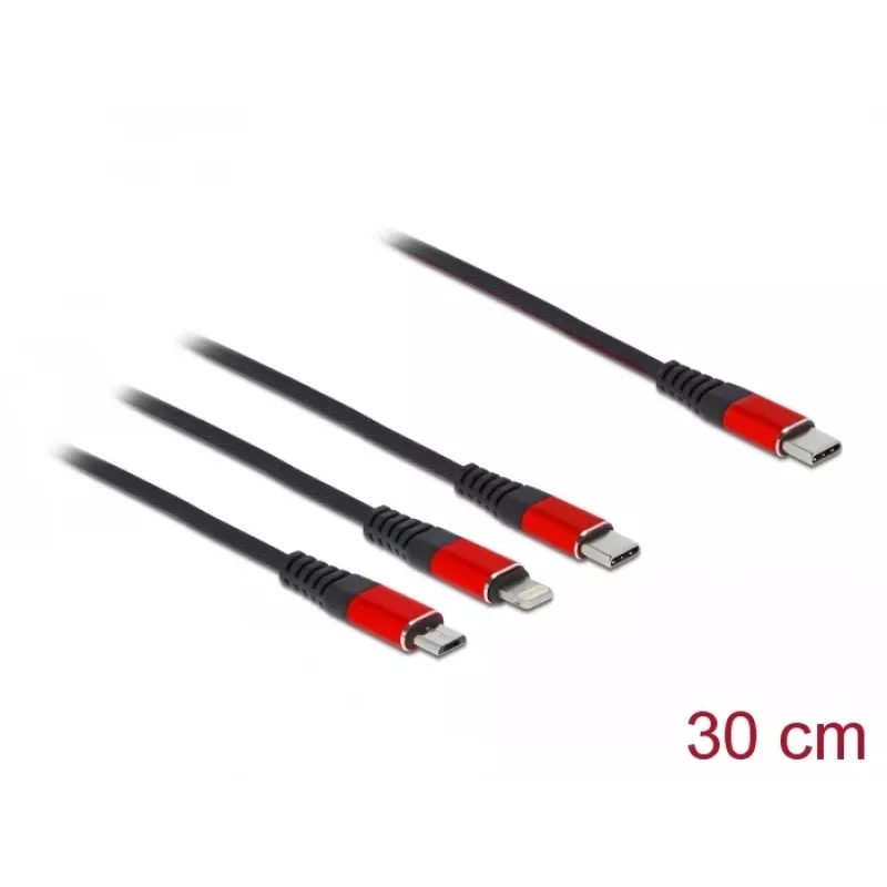 USB-laadimiskaabel DeLOCK 86710 3-ühes USB USB-C – Lightning – Micro USB 30 cm must punane