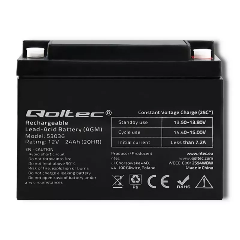 Qoltec 53036 AGM-aku | 12V | 24Ah | max 360A