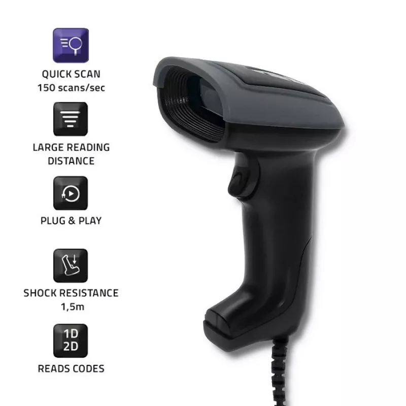 Käeshoitav vöötkoodilugeja QOLTEC 50863 — 1D/2D skanner, USB-juhtmega, LED-andur, must, 5V, 1,8 m kaabel