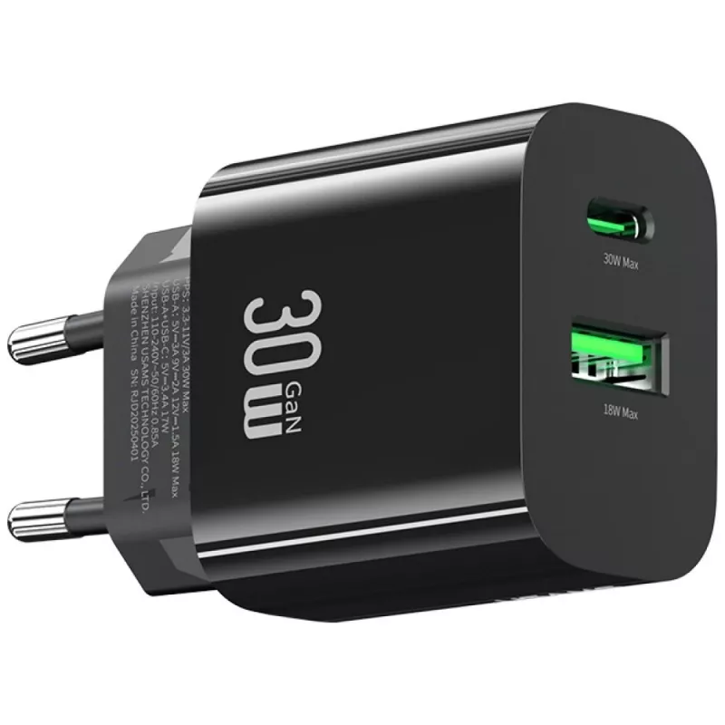 USAMS laadija USA001631 30 W, 1x USB-C ja 1x USB-A kiirlaadimine