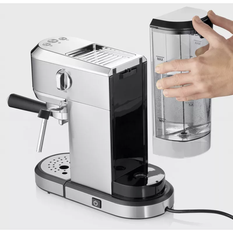 Espressomasin SEVERIN Newspresa KA 5997 — poolautomaatne, 1 L veepaak, 1350 W, kohviveski, must/harjatud teras/kroom