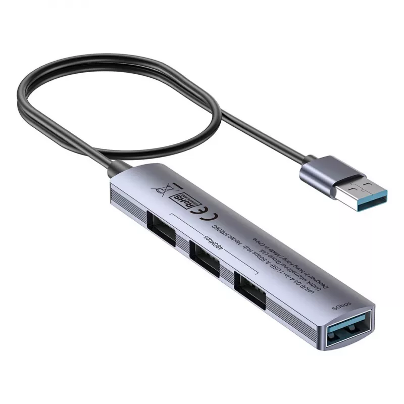 USB-jaotur Unitek H1208CGY01 — 4-pordiline USB 3.0 (5 Gbps), tagasiühilduv USB 2.0-ga, alumiinium