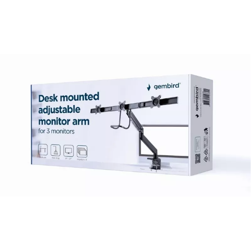 Lauamonitori kinnitus GEMBIRD MA-DA3-03, 3 haru, gaasvedru, VESA 75–100x100, toetab 3 ekraani kuni 27 tolli, max 18 kg, must