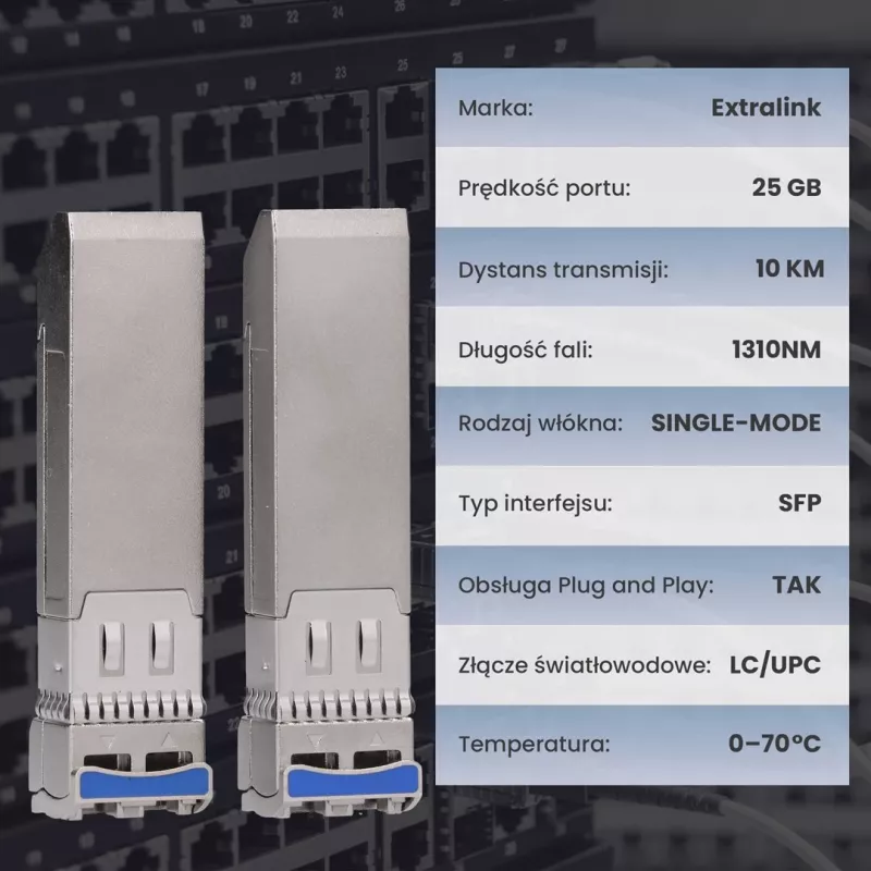 Extralink SFP28 25G 2-Pack | SFP28 moodul | 25Gbps, LC/UPC dupleks, 1310nm, 10km, ühemoodiline, DOM võrgusaatja-vastuvõtja moodul
