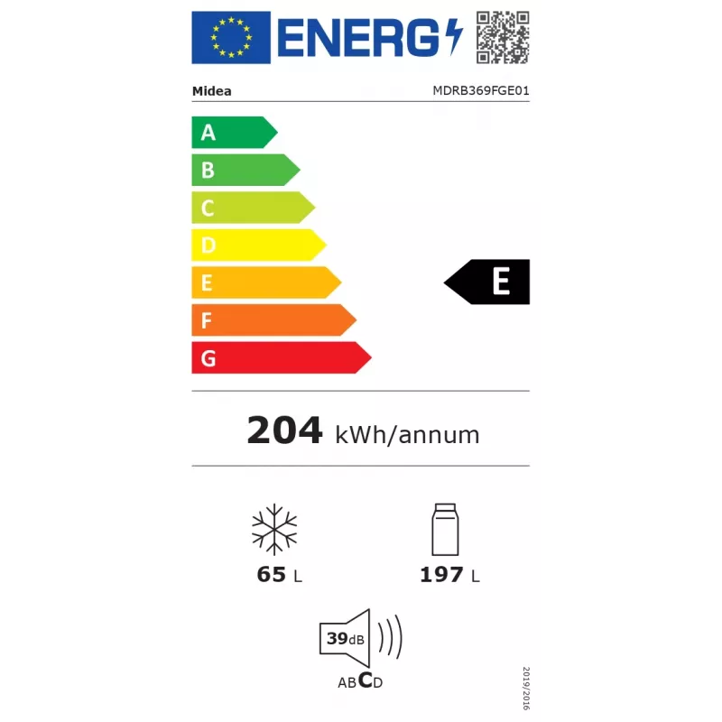 Midea MDRB369FGE01 kombikülmik – 262 L (külmik 194 L / sügavkülmik 68 L), 177,3 cm, energiaklass E, valge
