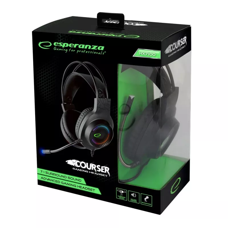 Juhtmega kõrvaklapid ESPERANZA EGH7100 — üle kõrva mänguri peakomplekt, USB 2.0, 1,5 m kaabel, poom-mikrofon, RGB päis, 32 Ω, 4 cm draiverid, 269 g