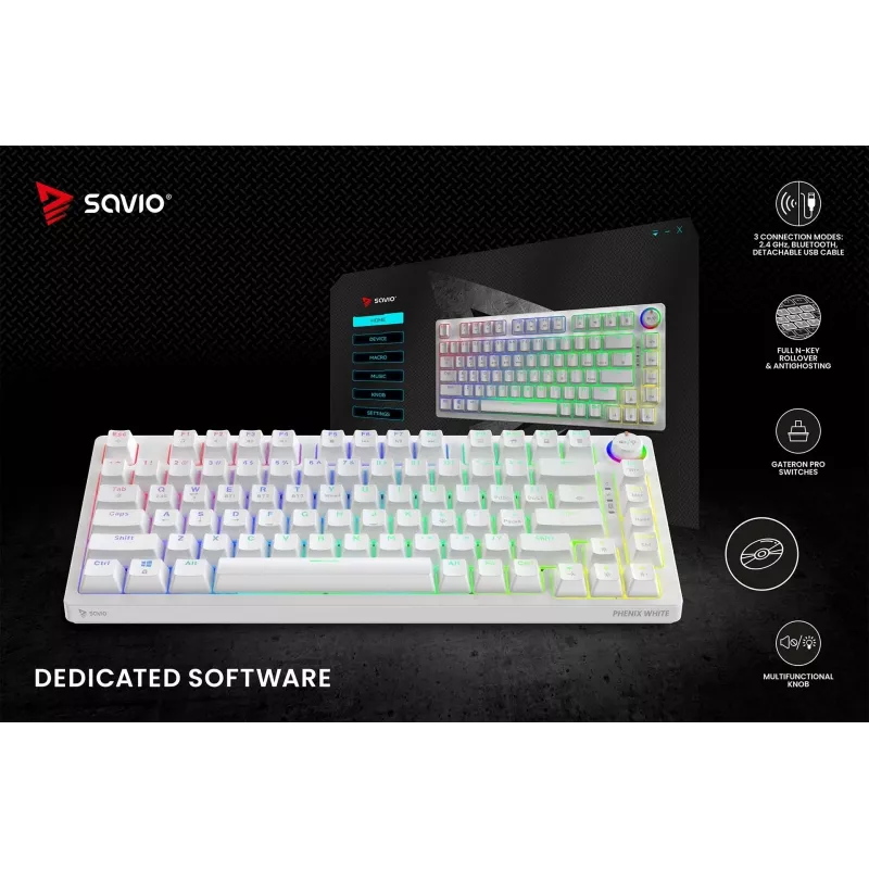SAVIO PHENIX WHITE juhtmeta mehaaniline klaviatuur, Gateron Red Pro, ABS