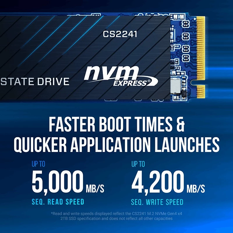 SSD PNY CS2241 M.2 NVMe PCIe 4.0 1TB — lugemiskiirus 5100 MB/s, kirjutamiskiirus 3200 MB/s