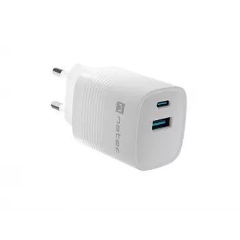 Juhtmega mobiilseadme laadija NATEC NUC-2140, 30W, USB-C PD 3.0 + USB-A, Samsung AFC, Valge