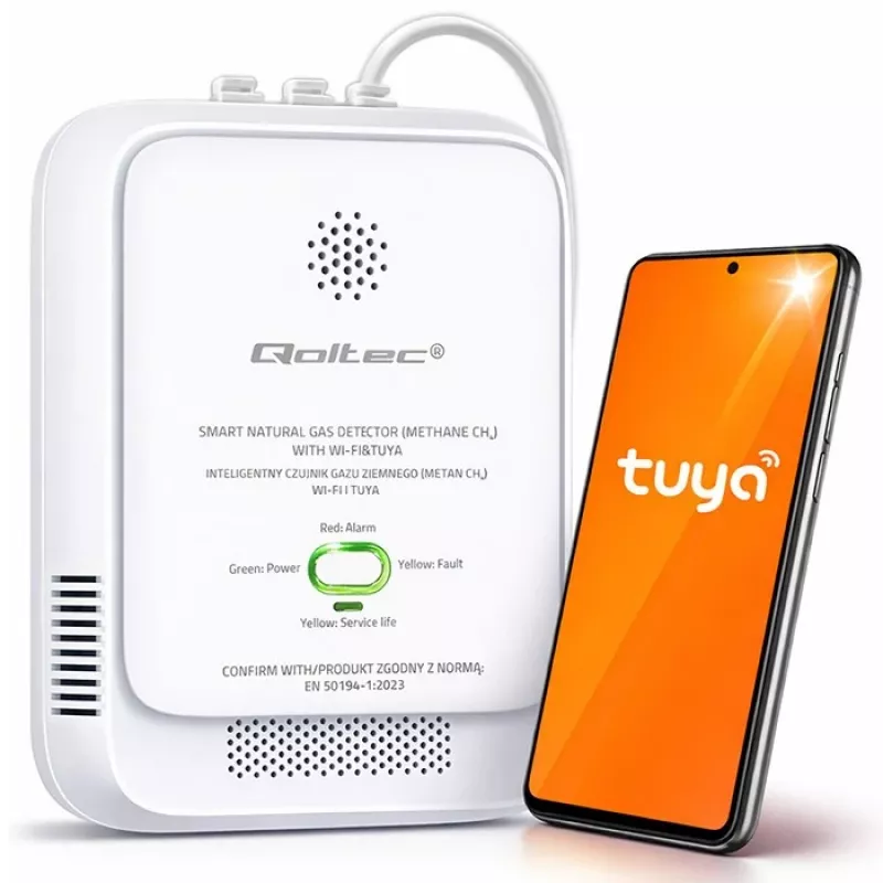 Gaasilekkeandur QOLTEC NG Tuya — maagaasi (CH4) andur, nutikas Tuya-ühilduv