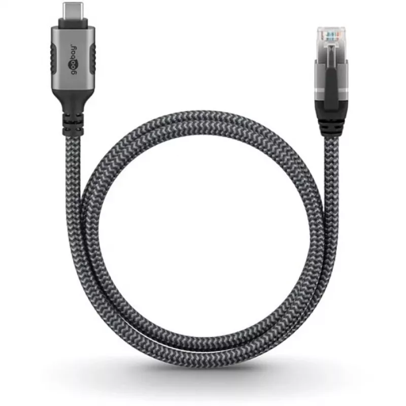 Ethernet-kaabel USB-C 3.2 Gen2 pesa > RJ-45 pistik (must/hõbedane, 5 meetrit, punutud tekstiilümbris)